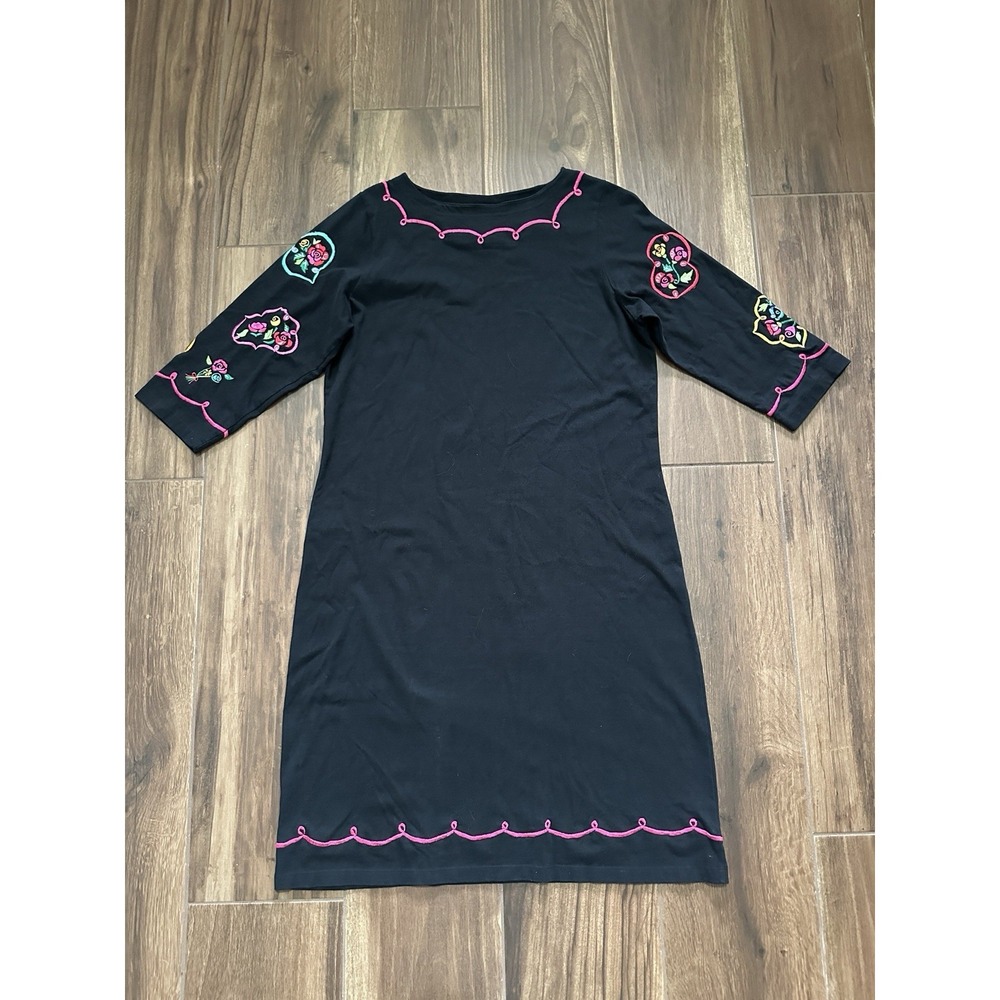 Michael Simon Lite Womens Black‎ Floral Embroidered Cotton Knit Shift Dress L